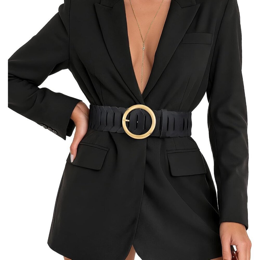 Wide Faux Leather Belt with Vintage Gold Buckle for Women Dress Up to 37